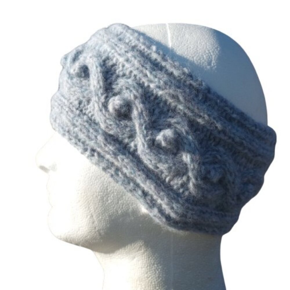 Handmade Alpaca Aran Cabled Headband Women’s Knit Blue Celtic Bobbles Ear Warmer